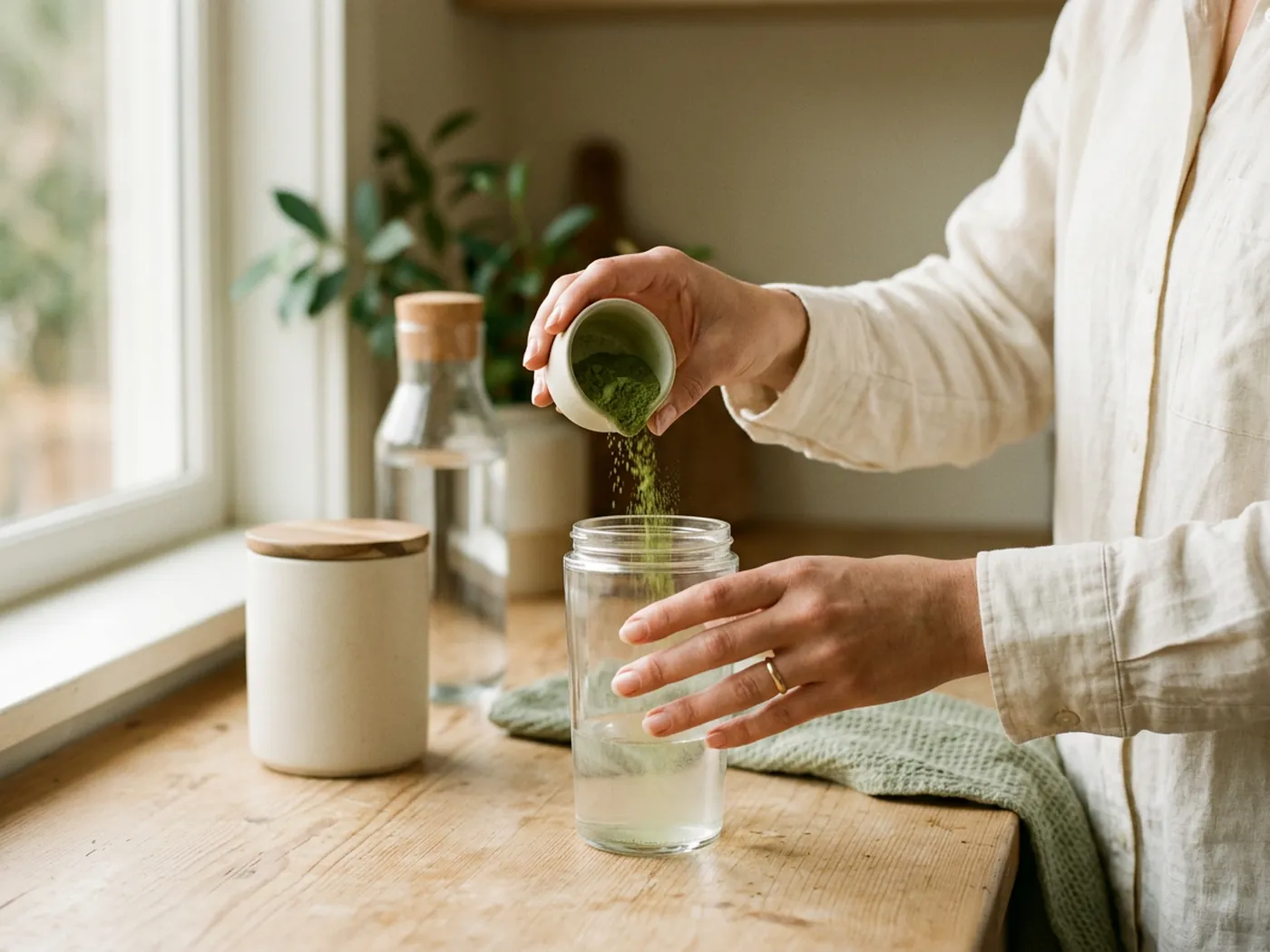 A scoop pouring green powder into a shaker cup, comparing Greenify and Live it Up serving sizes