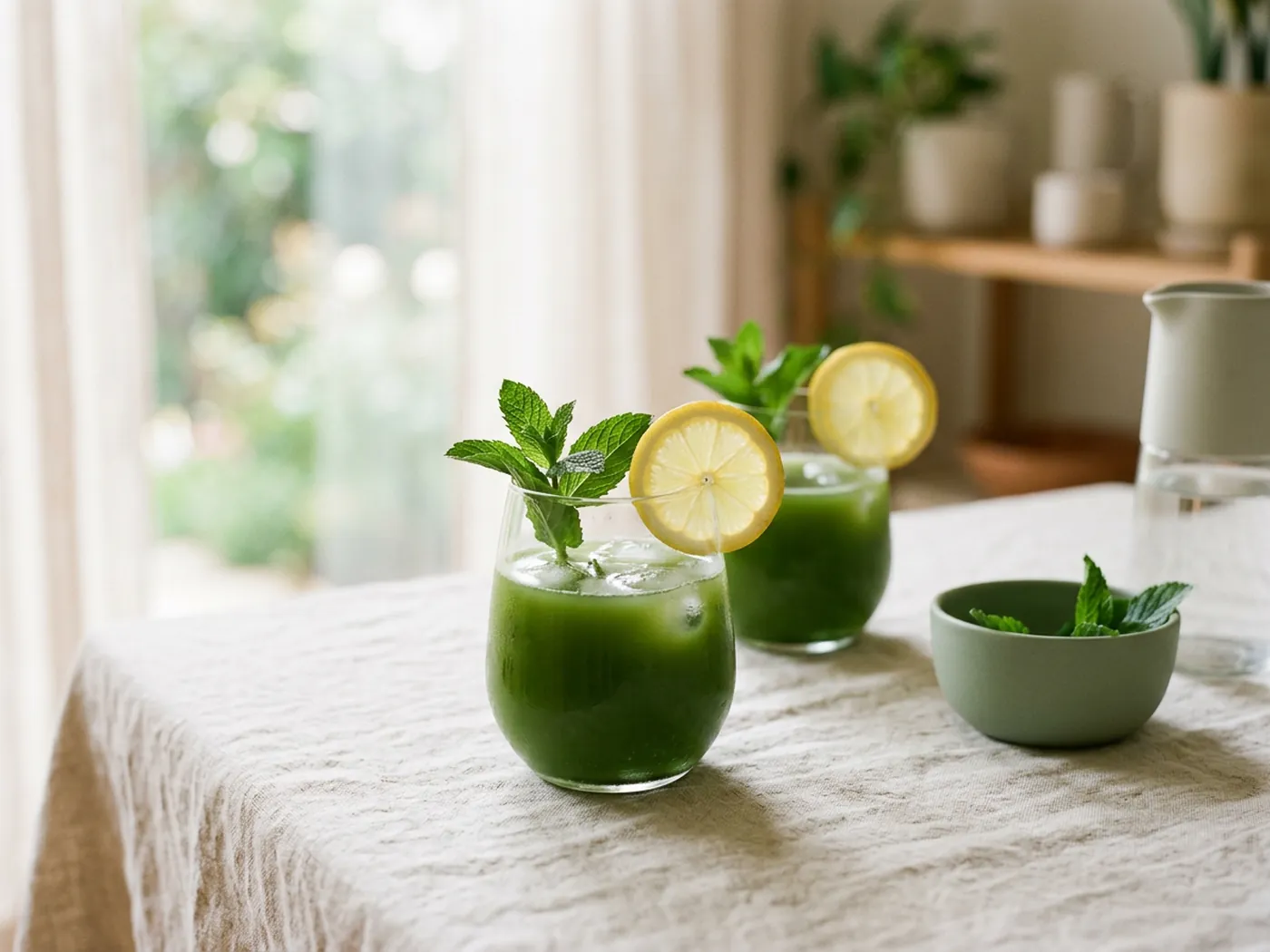 Two glasses of green juice with mint and lemon representing the Greenify vs Organifi Green Juice comparison