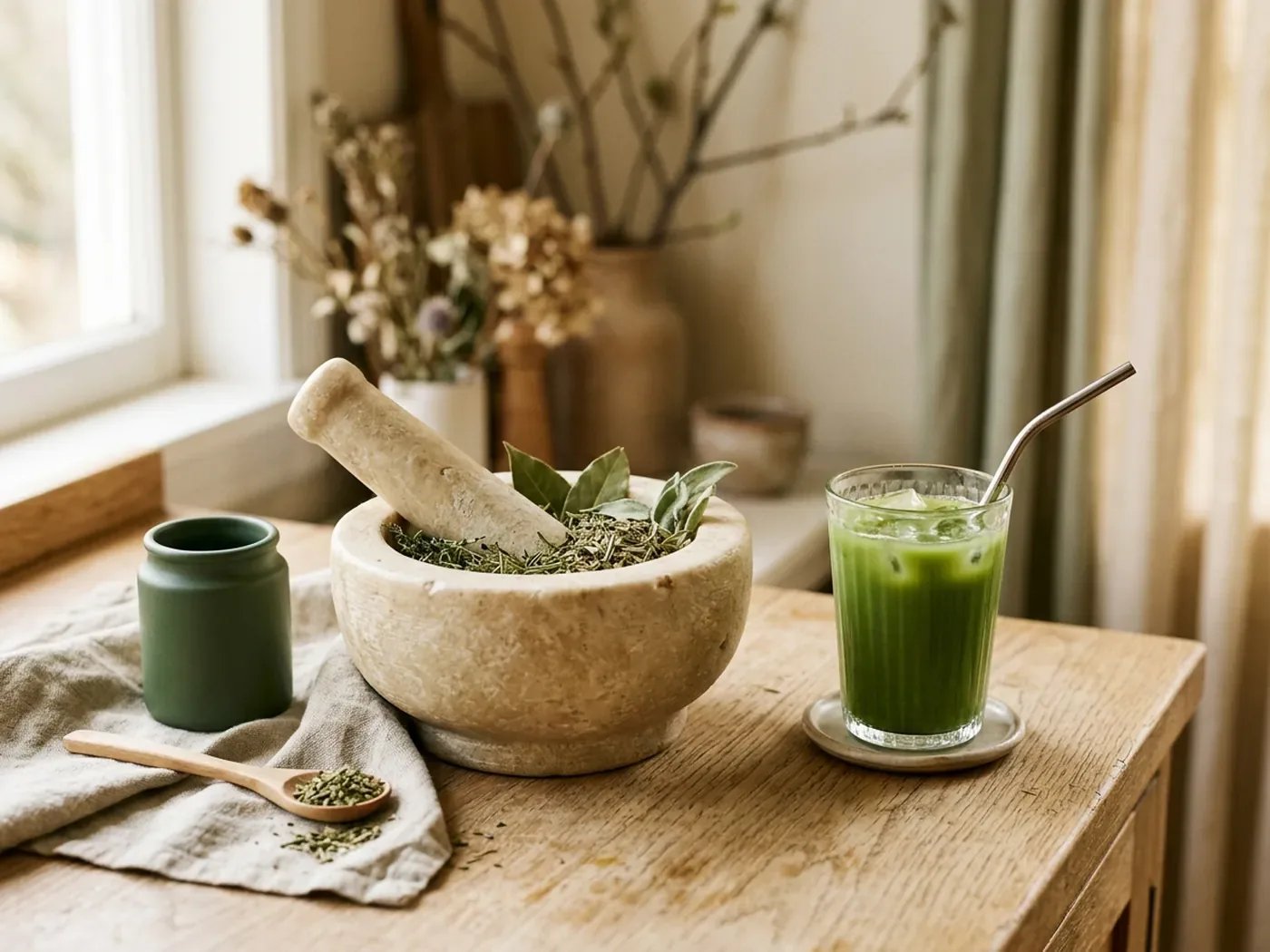 Mortar and pestle of dried green herbs beside a green drink, illustrating the Greenify vs Organifi ingredient comparison