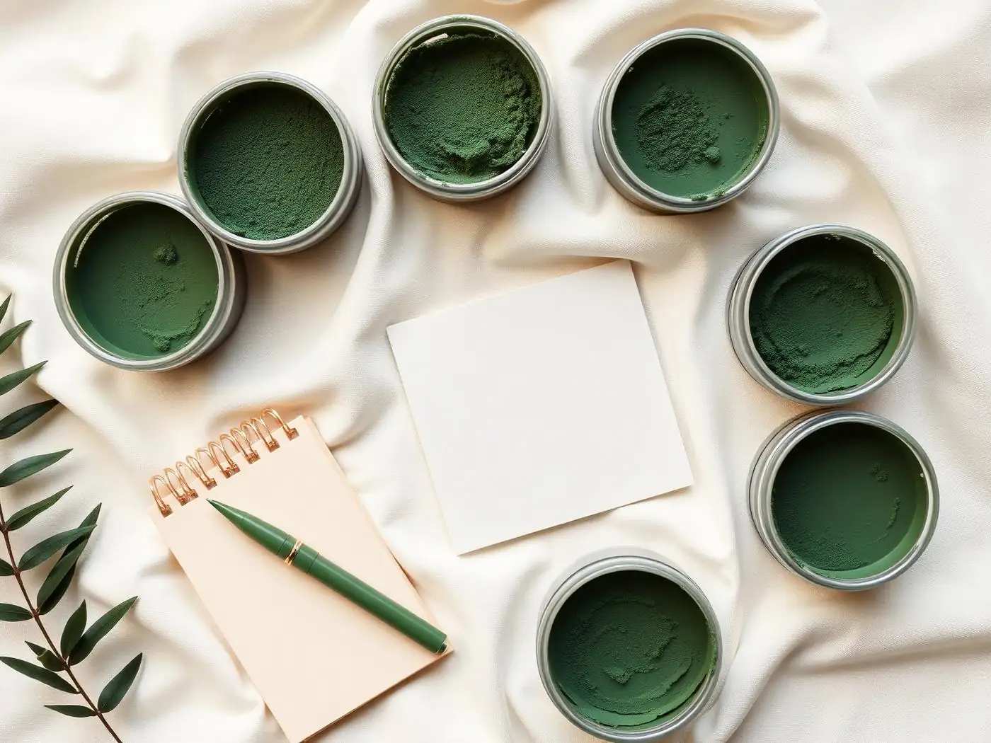 Eight plain unbranded tubs of green powder arranged on cream linen for a greens powder cost comparison