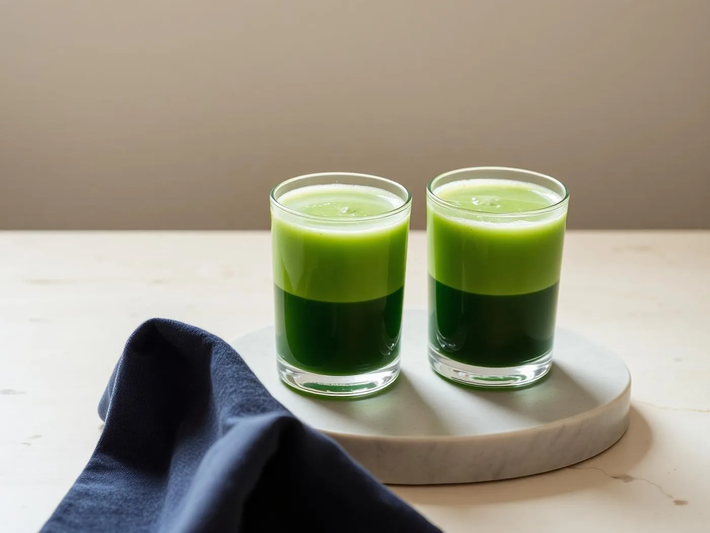 Three glasses of green drink of graduated shades, representing greens powders at different price points