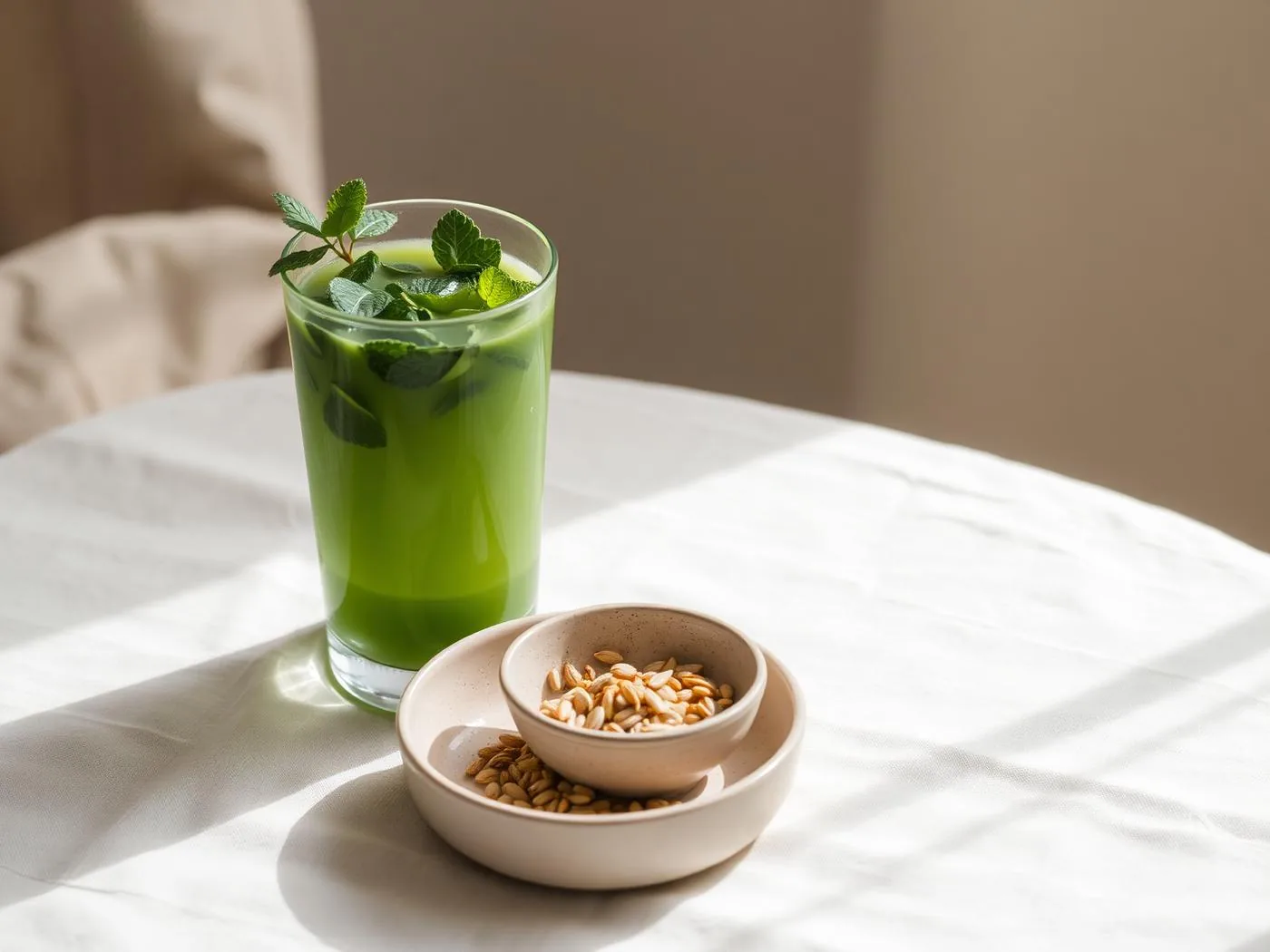 A person holding their stomach beside a glass of green drink, illustrating bloating from greens powder