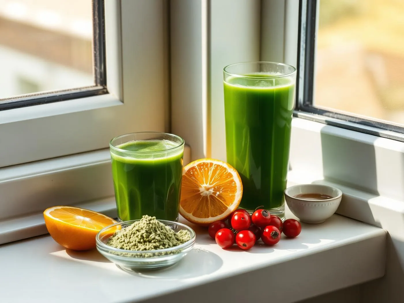 A glass of green drink beside a scoop of green powder and citrus fruit, representing energy and immune support from a greens powder