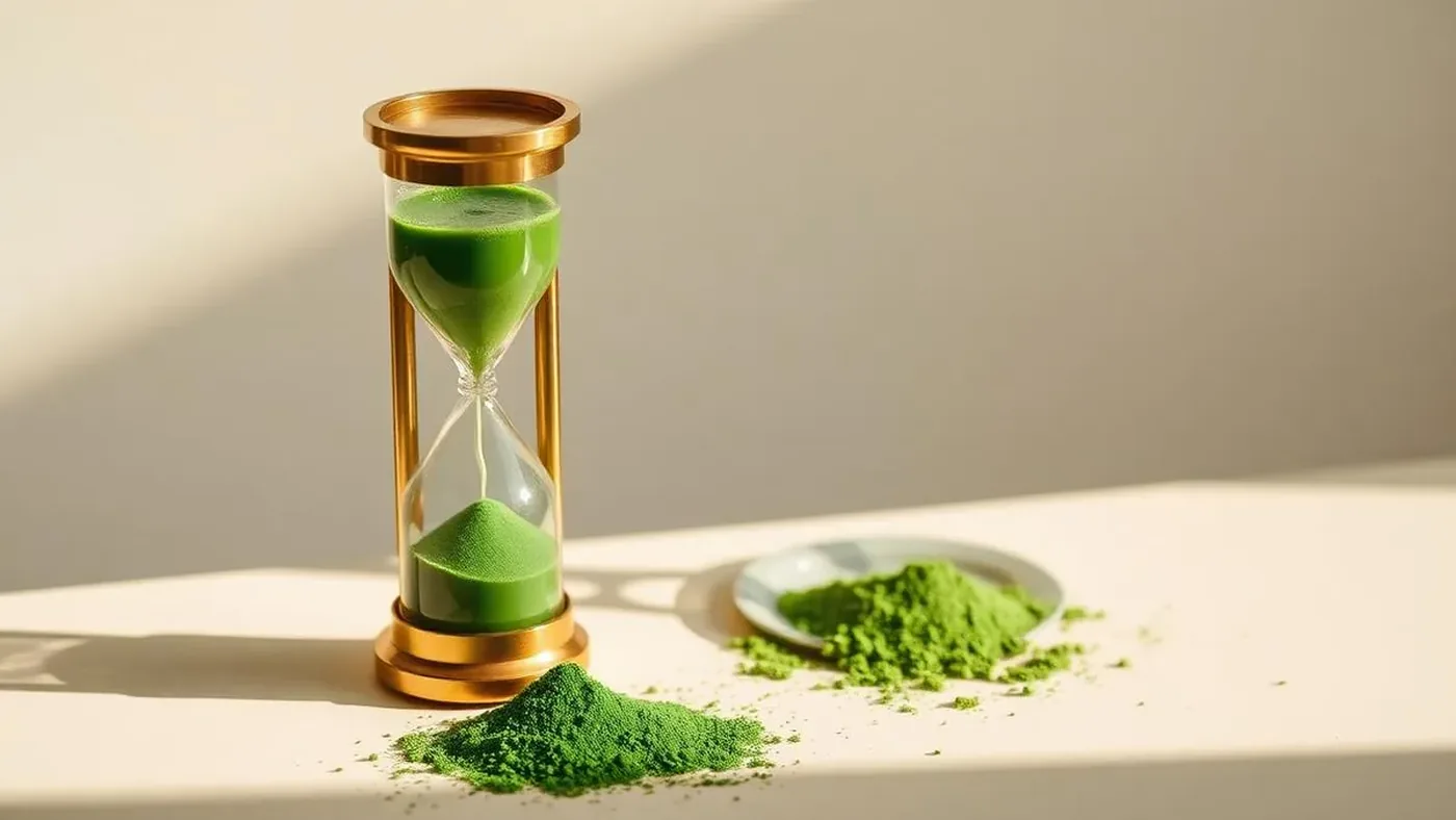 A calendar and a glass of green drink representing the timeline for greens powder to start working