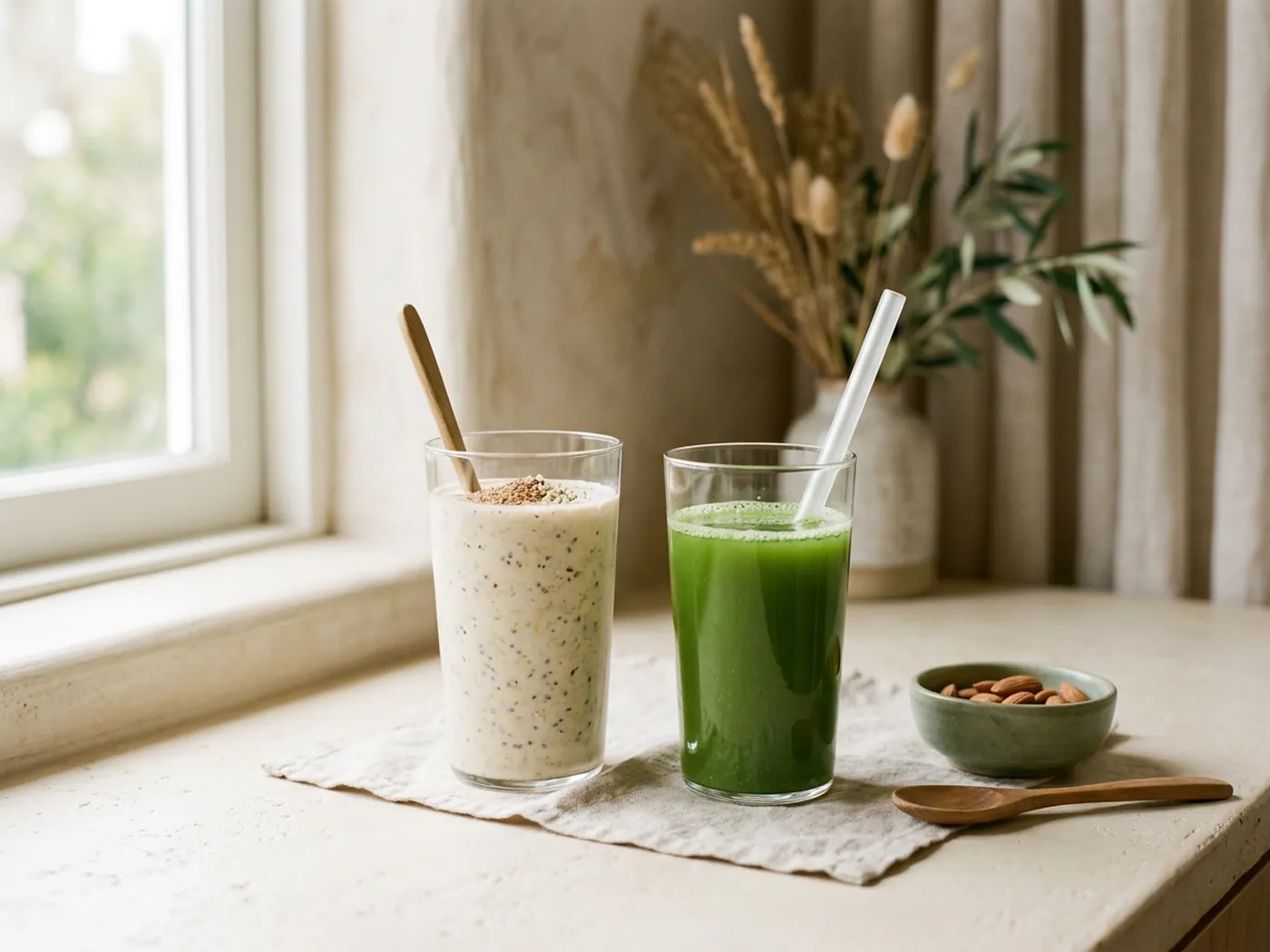 A thick meal-style shake beside a thin green drink for the Huel Daily Greens vs AG1 comparison