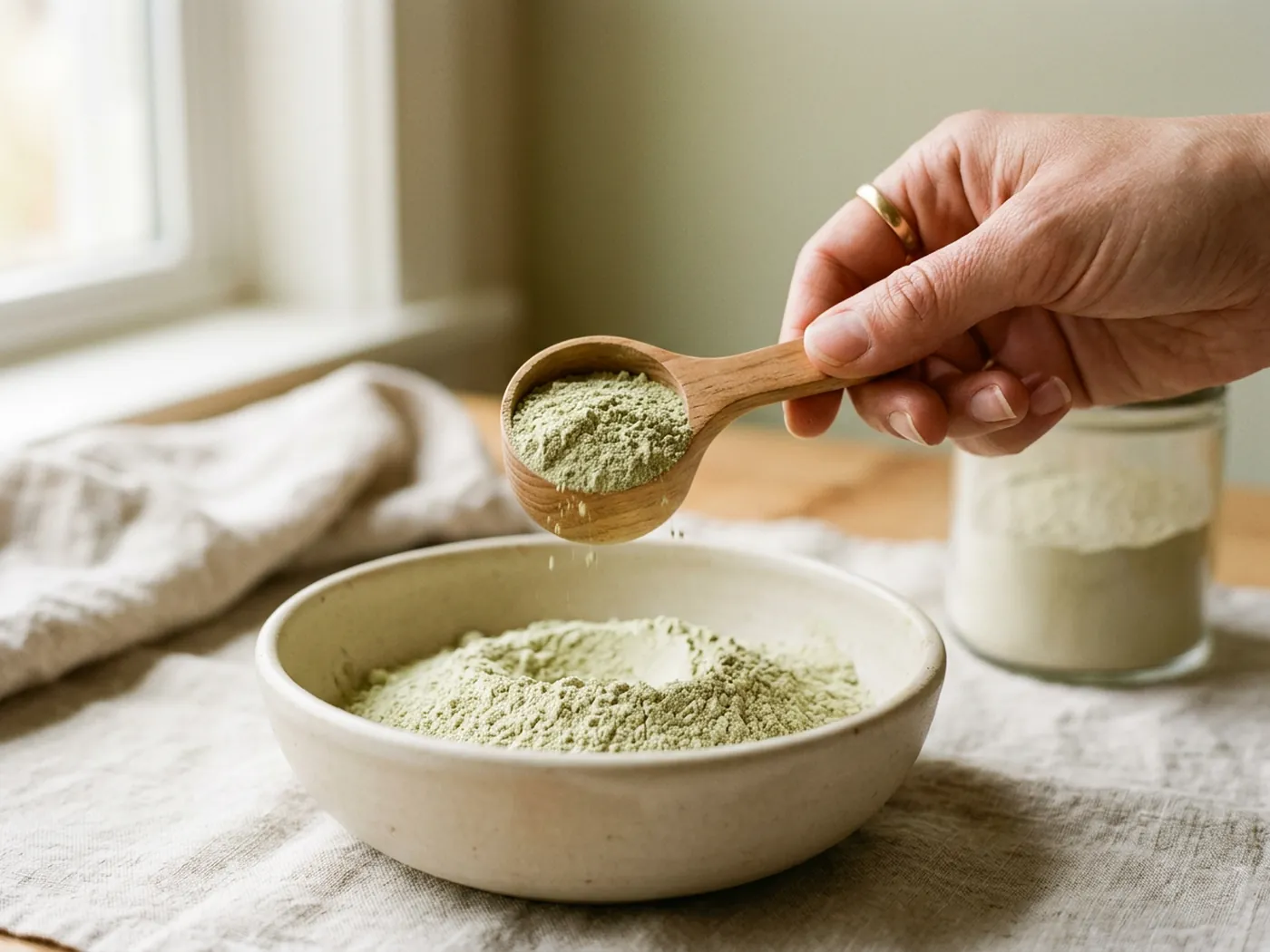 A measuring scoop above a bowl of pale green powder, comparing Huel and AG1 serving weights