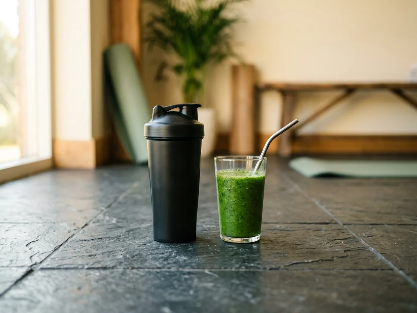 A matte shaker bottle and a glass of greens on a gym floor for the Jocko Greens vs AG1 comparison