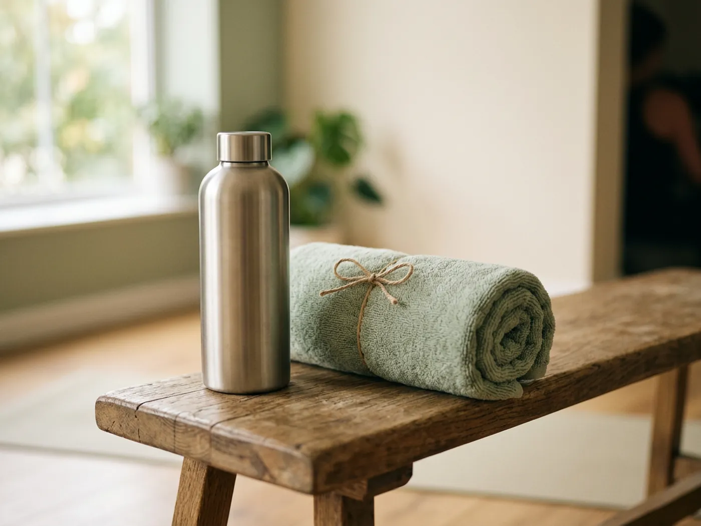 A water bottle and towel on a gym bench, illustrating the training context of Jocko Greens vs AG1