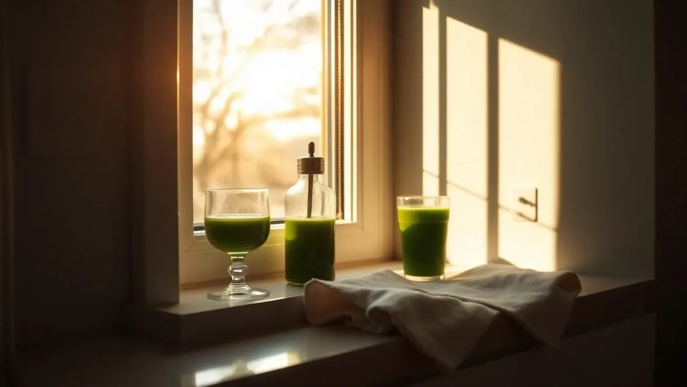 A glass of green drink next to a clock, representing the best time of day to take greens powder