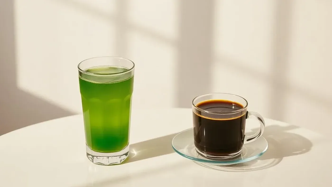 A morning routine scene with a scoop of greens powder, water and a glass