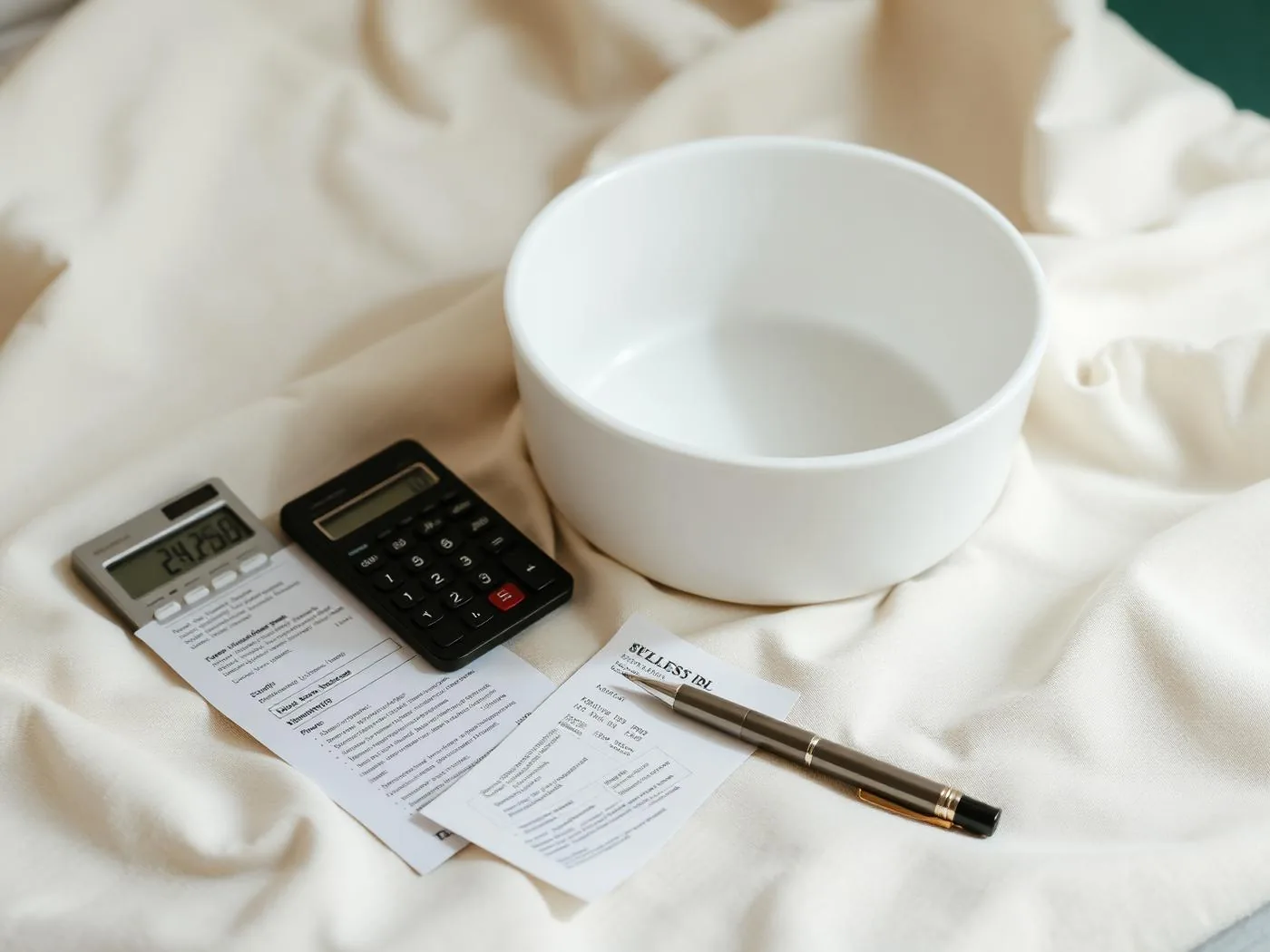 A plain unbranded supplement tub beside a calculator and receipt, illustrating why AG1 is so expensive