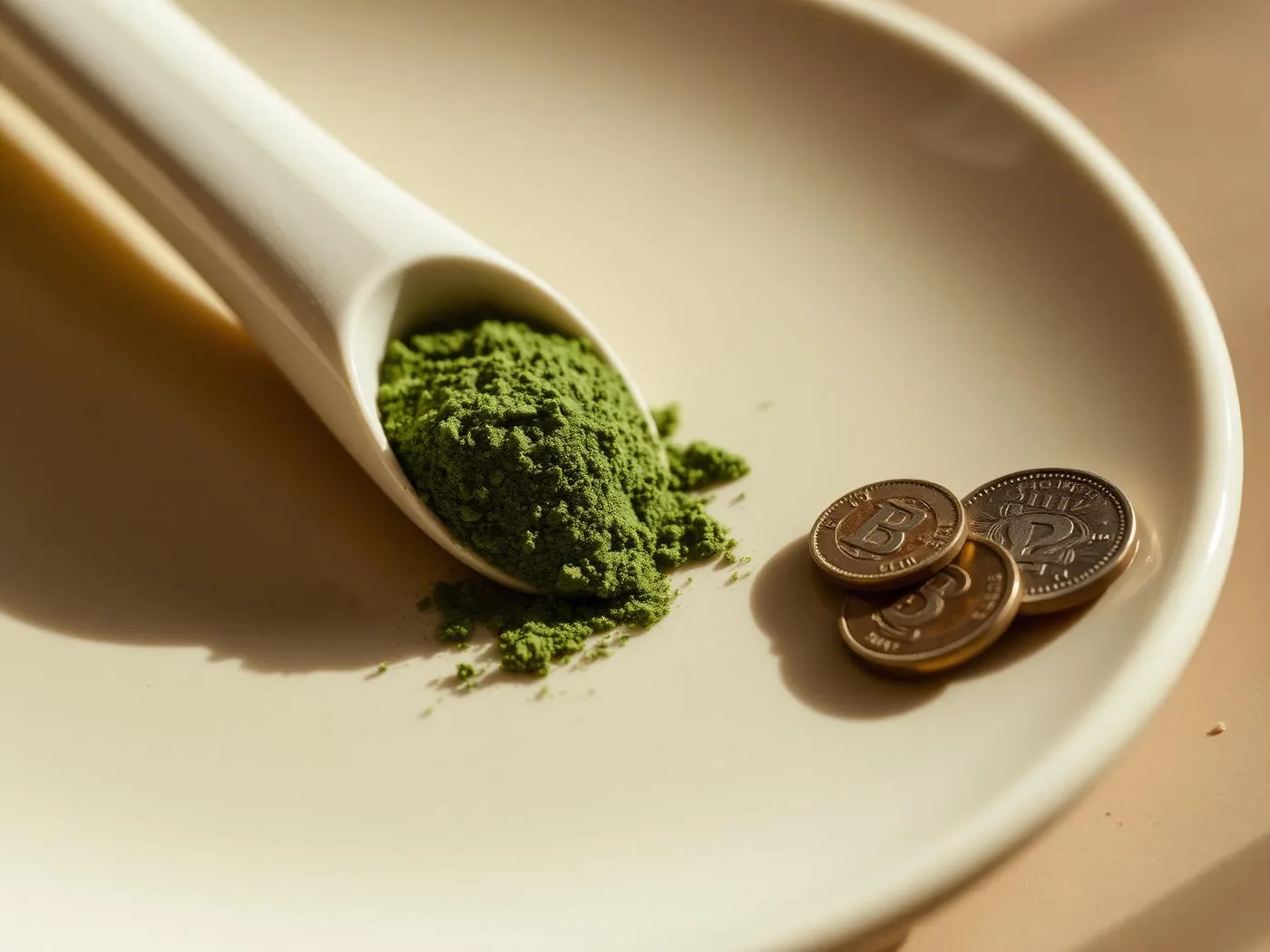 A scoop of green powder next to a few coins, representing the cost per serving of AG1