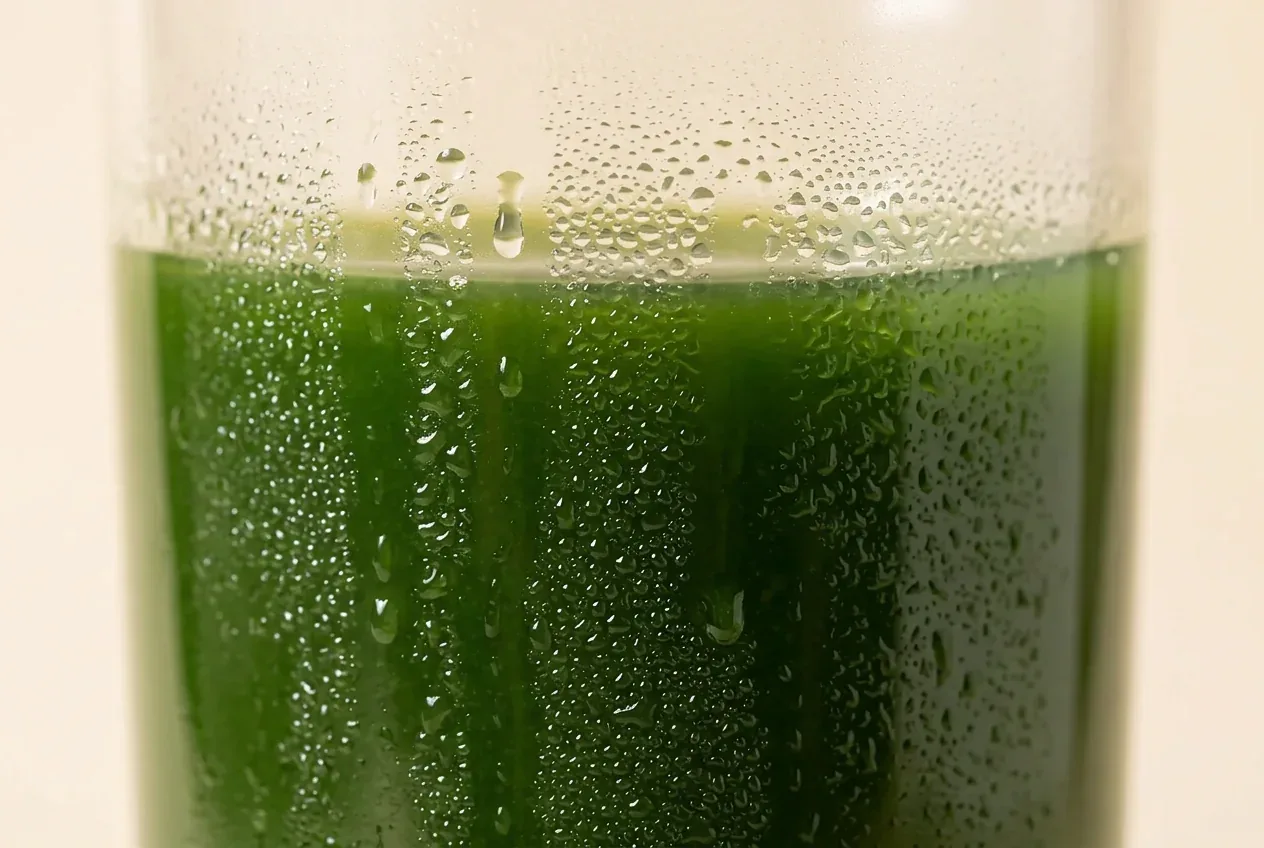 Macro close-up of a cold glass of mixed green drink with condensation on the glass