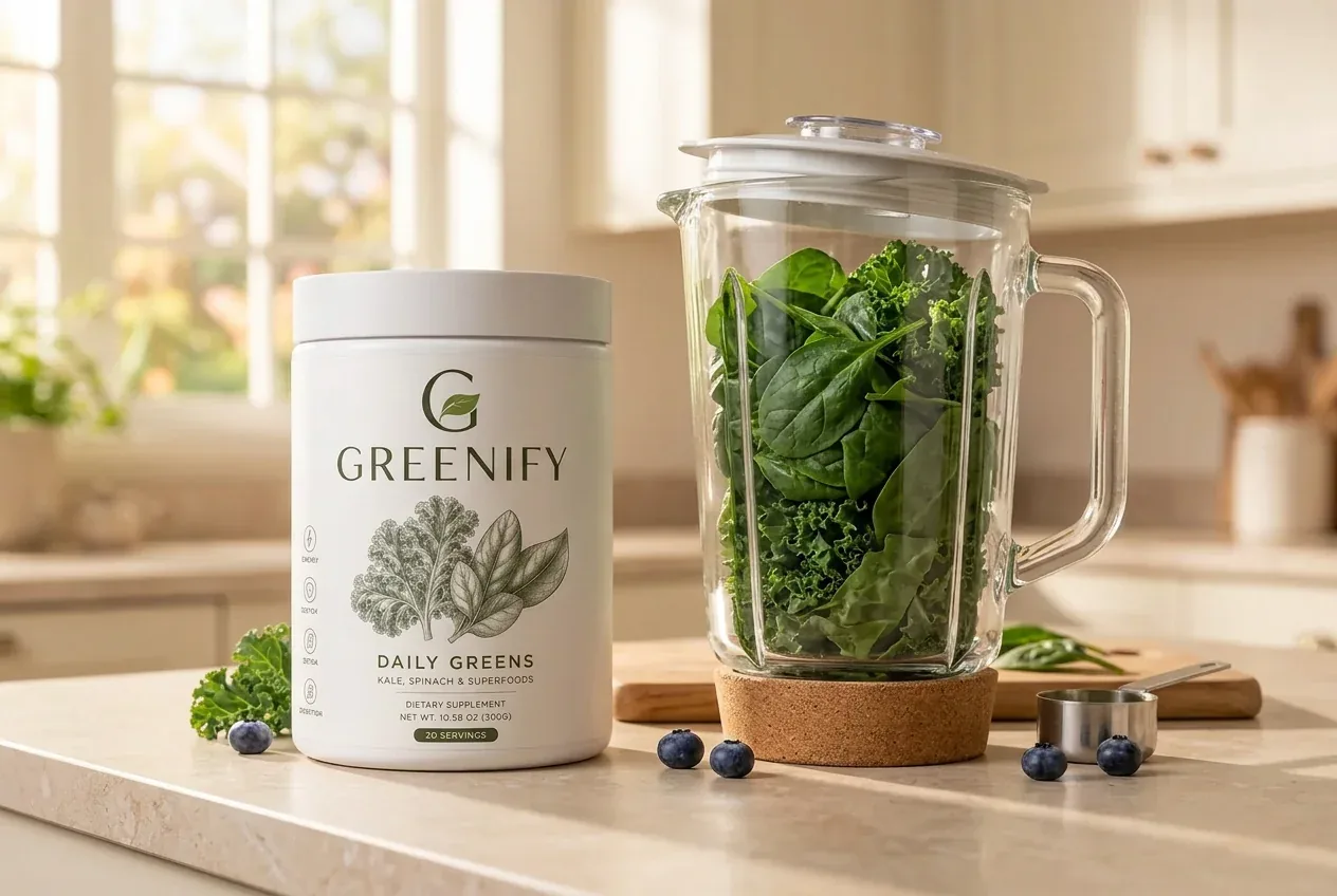 Greens tub on a kitchen counter next to a glass blender jug filled with spinach and kale in morning light